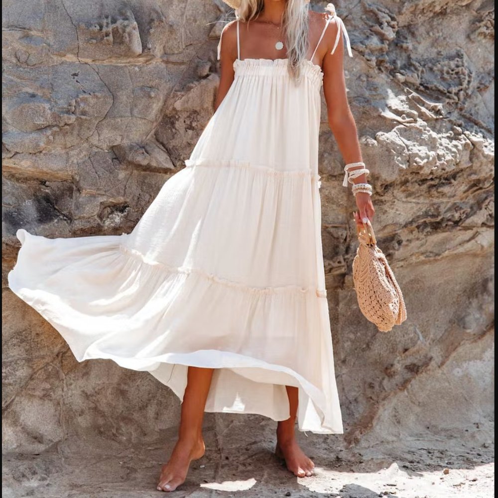 CATCH THE SUN TIERED MIDI DRESS - EGGSHELL